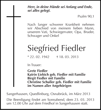 Traueranzeige von Siegfried Fiedler von Mitteldeutsche Zeitung Sangerhausen