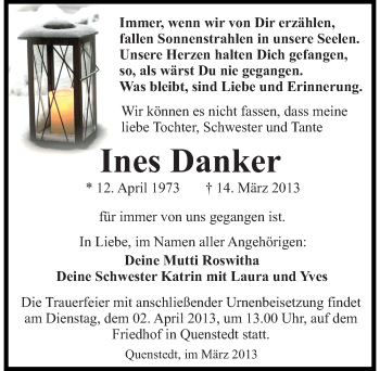 Traueranzeige von Ines Danker von Mitteldeutsche Zeitung Aschersleben