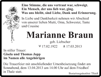 Traueranzeige von Marianne Braun von Mitteldeutsche Zeitung Quedlinburg