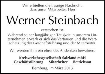 Traueranzeige von Werner Steinbach von Mitteldeutsche Zeitung Bernburg