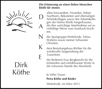 Traueranzeige von Dirk Köthe von Mitteldeutsche Zeitung Sangerhausen