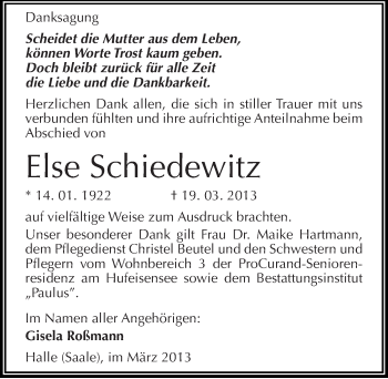 Traueranzeige von Else Schiedewitz von Mitteldeutsche Zeitung Halle/Saalkreis