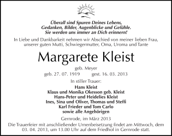 Traueranzeige von Margarete Kleist von Mitteldeutsche Zeitung Quedlinburg