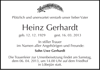 Traueranzeige von Heinz Gerhardt von Mitteldeutsche Zeitung Halle/Saalkreis