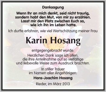 Traueranzeige von Karin Hosang von Mitteldeutsche Zeitung Quedlinburg