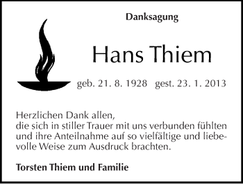 Traueranzeige von Hans Thiem von Mitteldeutsche Zeitung Wittenberg