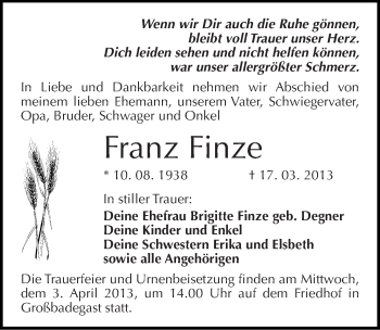 Traueranzeige von Franz Finze von Mitteldeutsche Zeitung Köthen