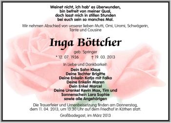 Traueranzeige von Inga Böttcher von Mitteldeutsche Zeitung Köthen