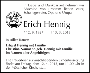 Traueranzeige von Erich Hennig von Mitteldeutsche Zeitung Halle/Saalkreis