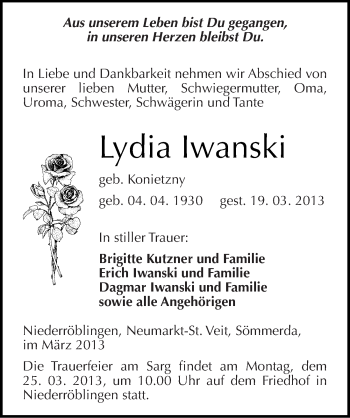 Traueranzeige von Lydia Iwanski von Mitteldeutsche Zeitung Sangerhausen