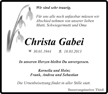 Traueranzeige von Christa Gabei von Mitteldeutsche Zeitung Quedlinburg