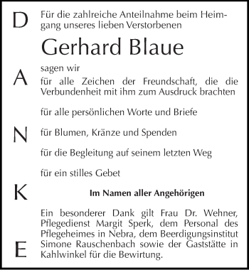 Traueranzeige von Gerhard Blaue von Mitteldeutsche Zeitung Naumburg/Nebra