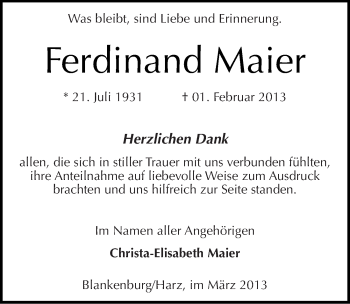 Traueranzeige von Ferdinand Maier von Mitteldeutsche Zeitung Quedlinburg