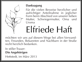 Traueranzeige von Elfriede Haft von Mitteldeutsche Zeitung Mansfelder Land