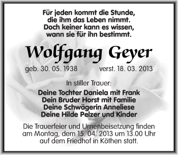 Traueranzeige von Wolfgang Geyer von Mitteldeutsche Zeitung Köthen