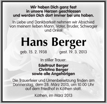 Traueranzeige von Hans Berger von Mitteldeutsche Zeitung Köthen