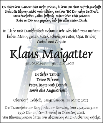 Traueranzeige von Klaus Maigatter von Mitteldeutsche Zeitung Sangerhausen