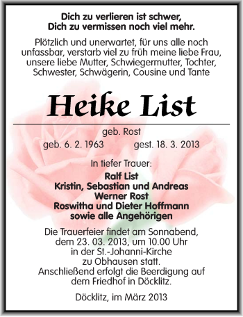 Traueranzeige von Heike List von Mitteldeutsche Zeitung Merseburg/Querfurt