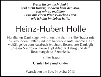 Traueranzeige von Heinz-Hubert Holle von Mitteldeutsche Zeitung Mansfelder Land