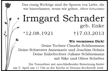 Traueranzeige von Irmgard Schrader von Mitteldeutsche Zeitung Dessau-Roßlau