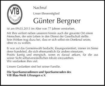 Traueranzeige von Günter Bergner von Mitteldeutsche Zeitung Sangerhausen