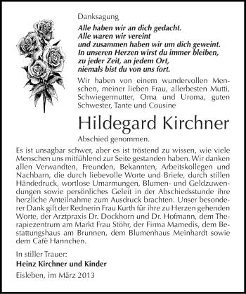 Traueranzeige von Hildegard Kirchner von Mitteldeutsche Zeitung Mansfelder Land