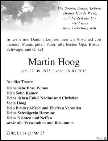 Traueranzeige von Martin Hoog von Mitteldeutsche Zeitung Zeitz