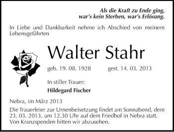 Traueranzeige von Walter Stahr von Mitteldeutsche Zeitung Naumburg/Nebra