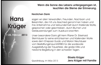 Traueranzeige von Hans Krüger von Mitteldeutsche Zeitung Quedlinburg