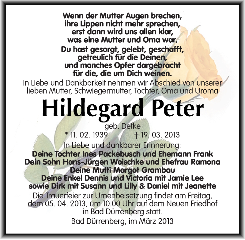  Traueranzeige für Hildegard Peter vom 23.03.2013 aus Mitteldeutsche Zeitung Merseburg/Querfurt