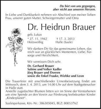 Traueranzeige von Heidrun Brauer von Mitteldeutsche Zeitung Halle/Saalkreis