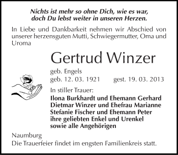 Traueranzeige von Gertrud Winzer von Mitteldeutsche Zeitung Naumburg/Nebra