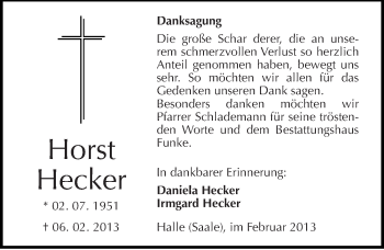 Traueranzeige von Horst Hecker von Mitteldeutsche Zeitung Halle/Saalkreis