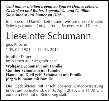 Traueranzeige von Lieselotte Schumann von Mitteldeutsche Zeitung Halle/Saalkreis
