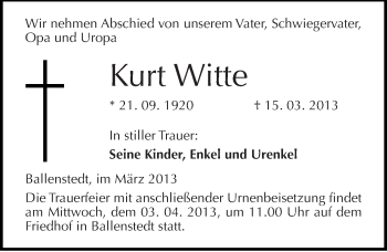 Traueranzeige von Kurt Witte von Mitteldeutsche Zeitung Quedlinburg