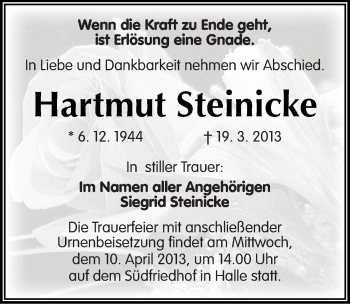 Traueranzeige von Hartmut Steinicke von Mitteldeutsche Zeitung Halle/Saalkreis