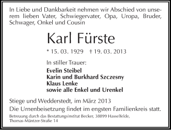 Traueranzeige von Karl Fürste von Mitteldeutsche Zeitung Quedlinburg