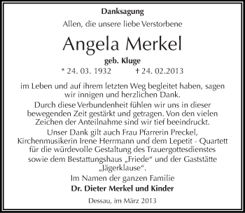 Traueranzeige von Angela Merkel von Mitteldeutsche Zeitung Dessau-Roßlau