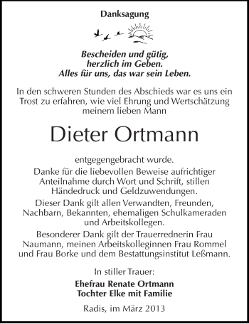 Traueranzeige von Dieter Ortmann von Mitteldeutsche Zeitung Wittenberg