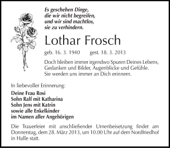 Traueranzeige von Lothar Frosch von Mitteldeutsche Zeitung Halle/Saalkreis