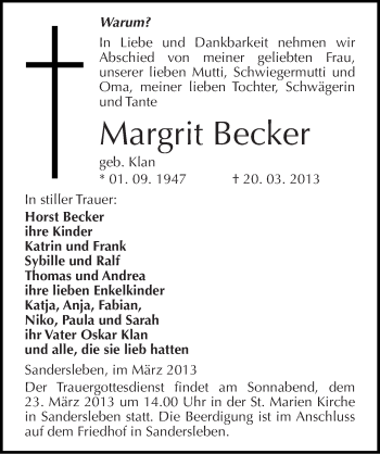 Traueranzeige von Margrit Becker von Mitteldeutsche Zeitung Mansfelder Land