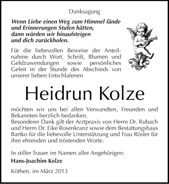 Traueranzeige von Heidrun Kolze von Mitteldeutsche Zeitung Köthen