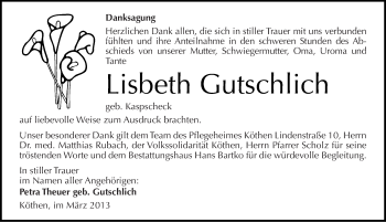 Traueranzeige von Lisbeth Gutschlich von Mitteldeutsche Zeitung Köthen
