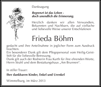 Traueranzeige von Frieda Böhm von Mitteldeutsche Zeitung Mansfelder Land