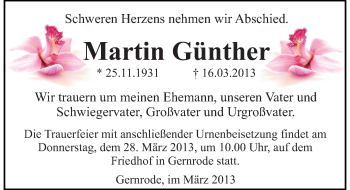 Traueranzeige von Martin Günther von Mitteldeutsche Zeitung Quedlinburg