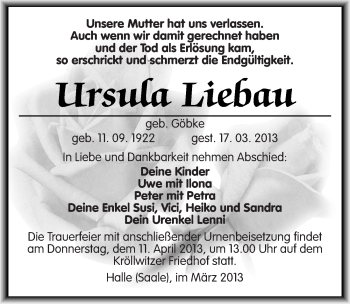 Traueranzeige von Ursula Liebau von Mitteldeutsche Zeitung Halle/Saalkreis