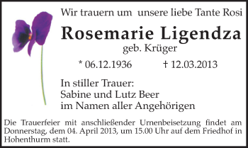 Traueranzeige von Rosemarie Ligendza von Mitteldeutsche Zeitung Halle/Saalkreis
