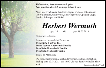 Traueranzeige von Herbert Wermuth von Mitteldeutsche Zeitung Quedlinburg