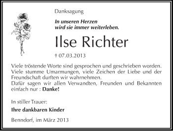 Traueranzeige von Ilse Richter von Mitteldeutsche Zeitung Mansfelder Land