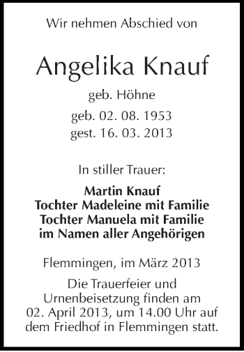 Traueranzeige von Angelika Knauf von Mitteldeutsche Zeitung Naumburg/Nebra
